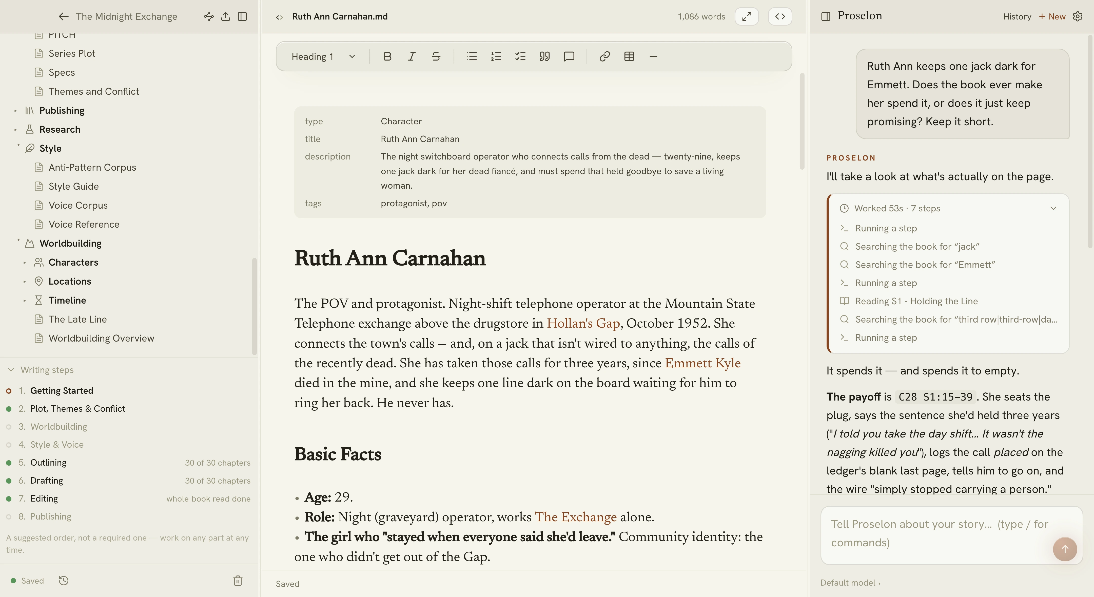 The Proselon workspace with the story bible open: a character sheet whose fields and cross-links run to the other people and places in the book, the whole file tree beside it, and the co-writer citing three chapters by line range.