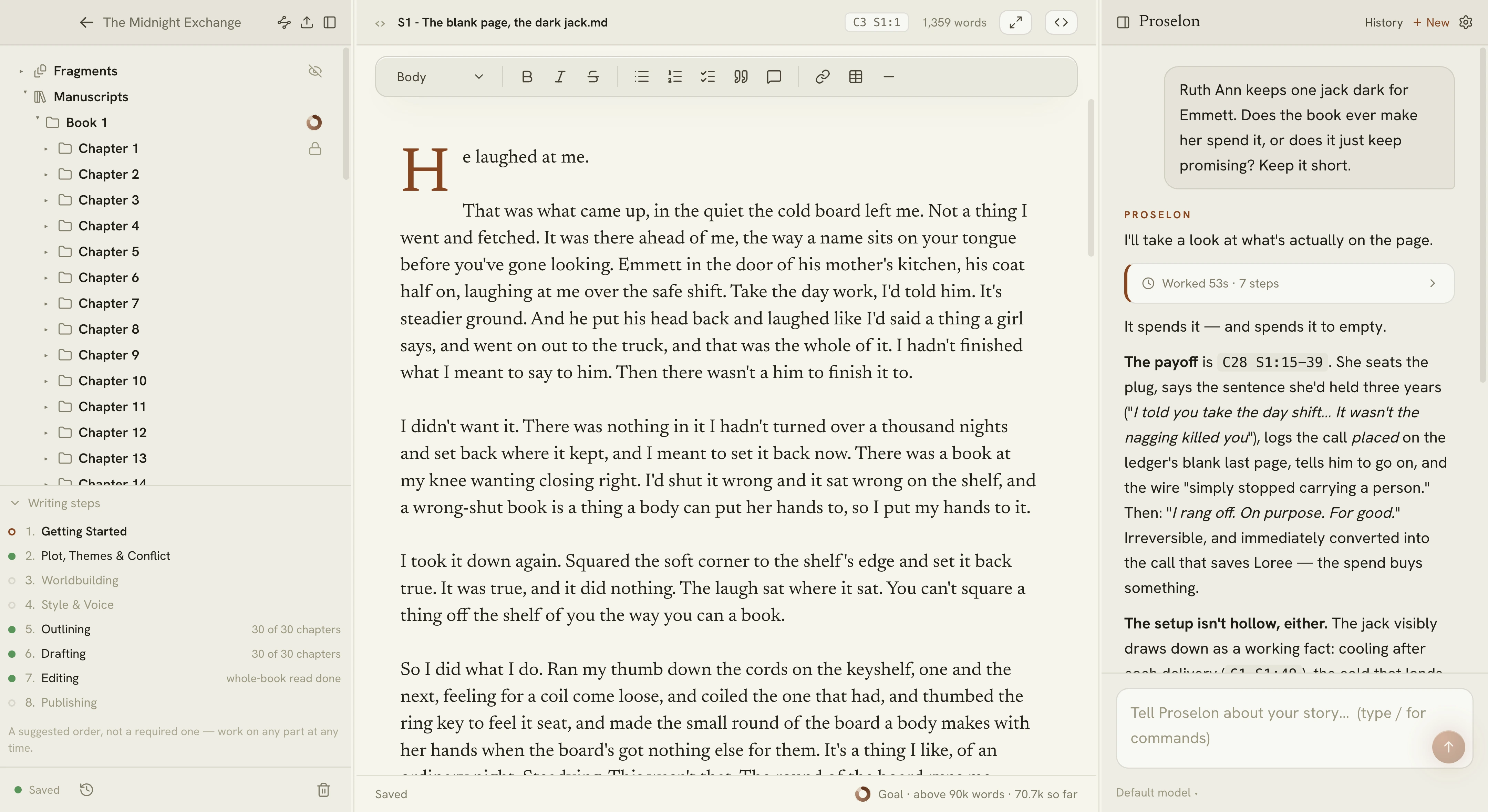 The Proselon workspace: a thirty-chapter manuscript in the file tree beside a scene open with its drop cap, and the co-writer answering a question about the book by quoting two of its chapters back at the writer.