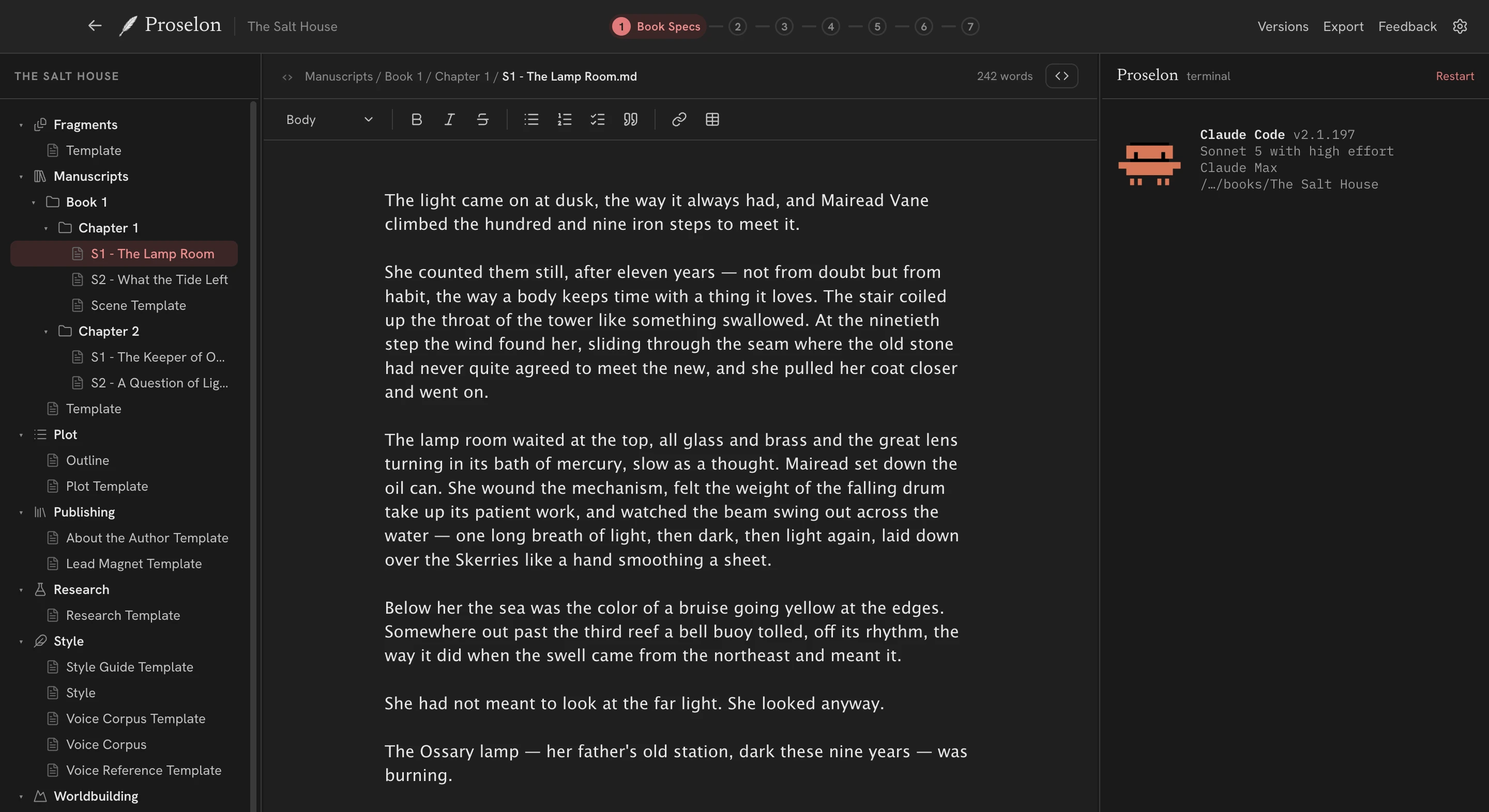 The Proselon editor in the AO3 theme, dark mode