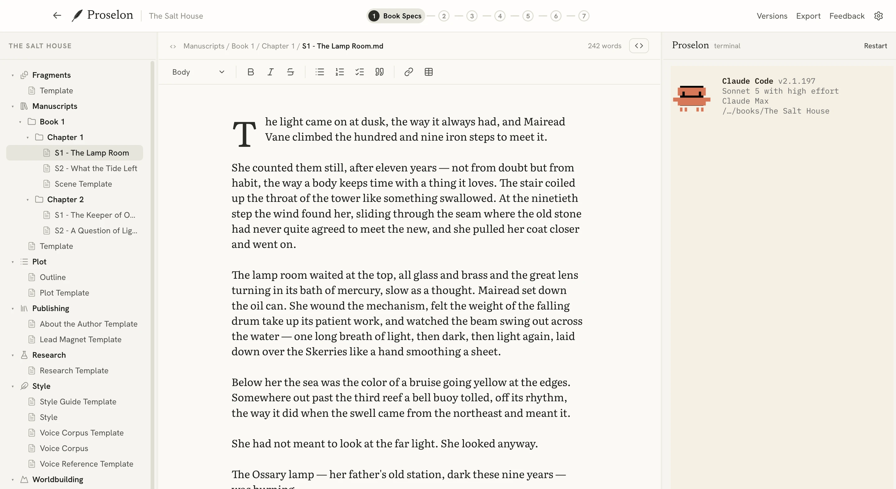 The Proselon editor in the Ivory & Ink theme, light mode