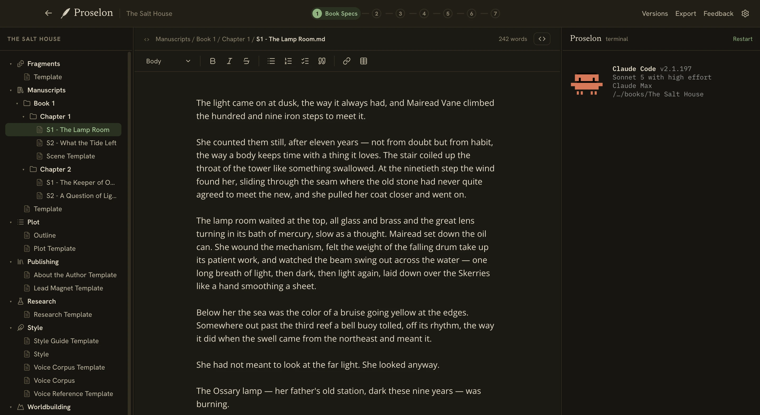 The Proselon editor in the Royal Road theme, dark mode