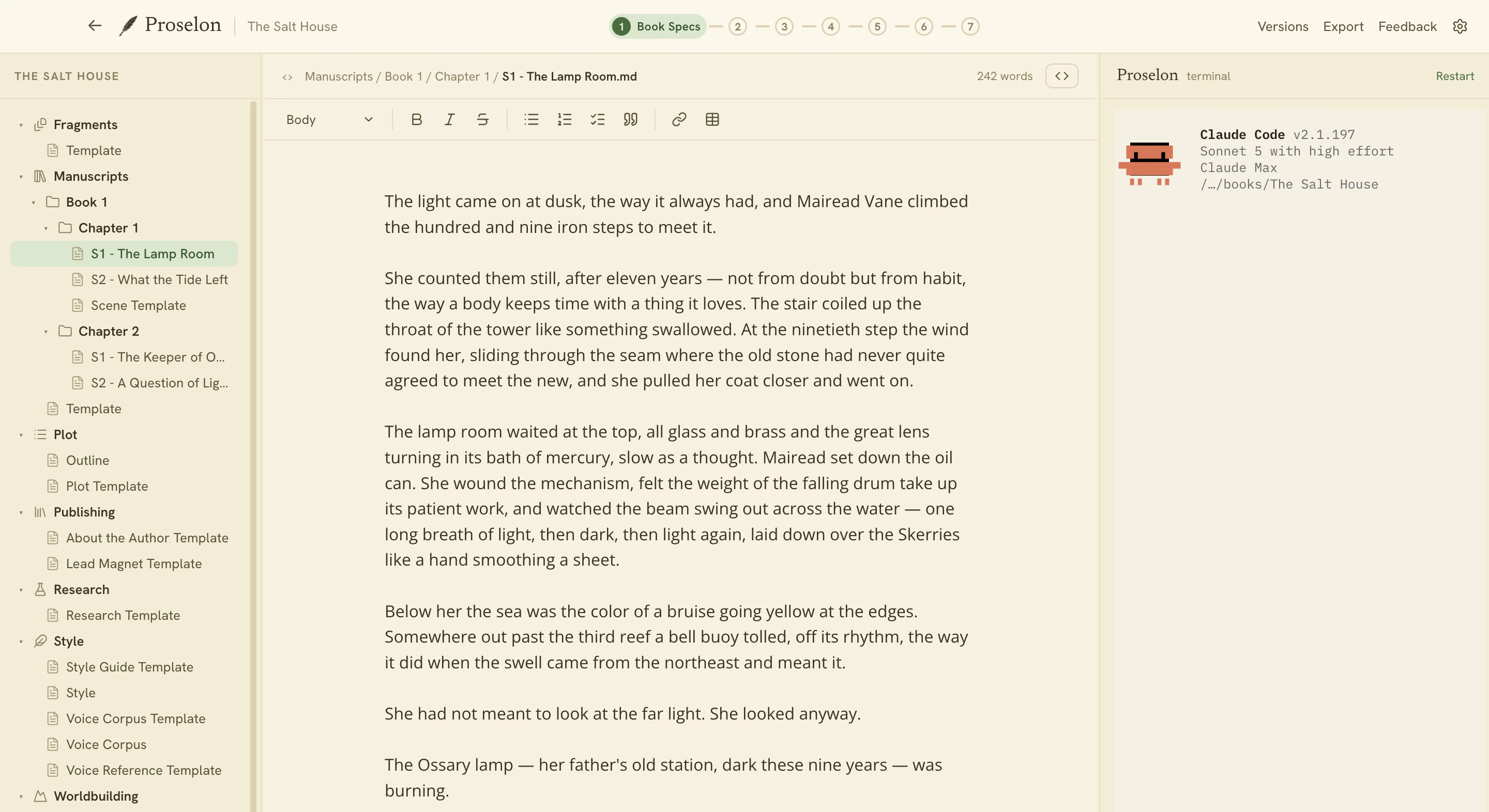 The Proselon editor in the Royal Road theme, light mode