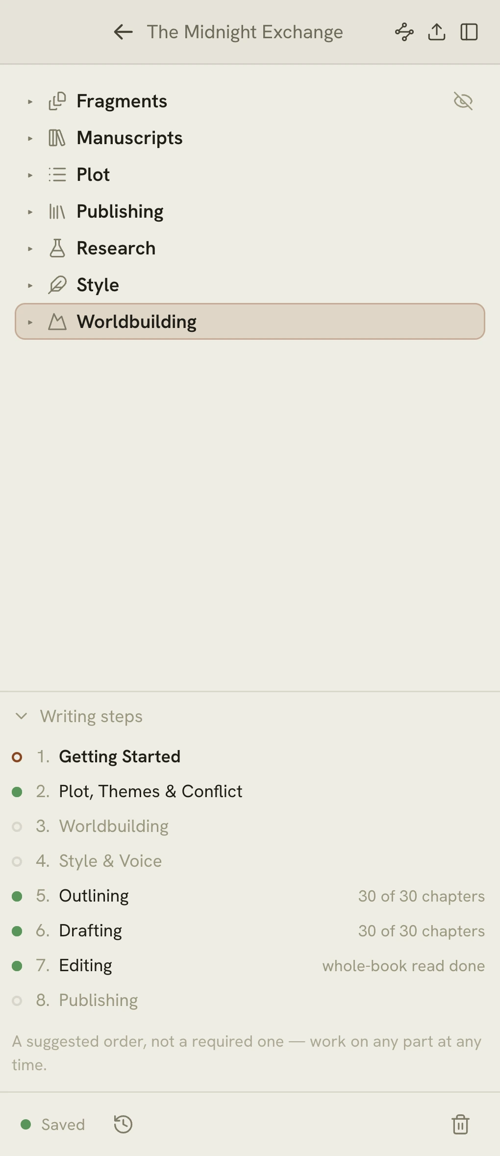 Proselon's file explorer with the book closed over its chapters, showing the whole schema at once: Fragments, Manuscripts, Plot, Publishing, Research, Style and Worldbuilding, above the eight writing steps.